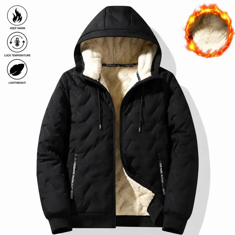 Men's Korean Casual Baggy Winter Jacket - Solid Color, Fleece-Lined Polyester, Hooded, Windproof for Outdoor Commuting, Woven, Hooded Protection, Long Sleeves Keep Arms Covered, Plain Style Keeps Outfits Clean, Windproof Coat zipper full