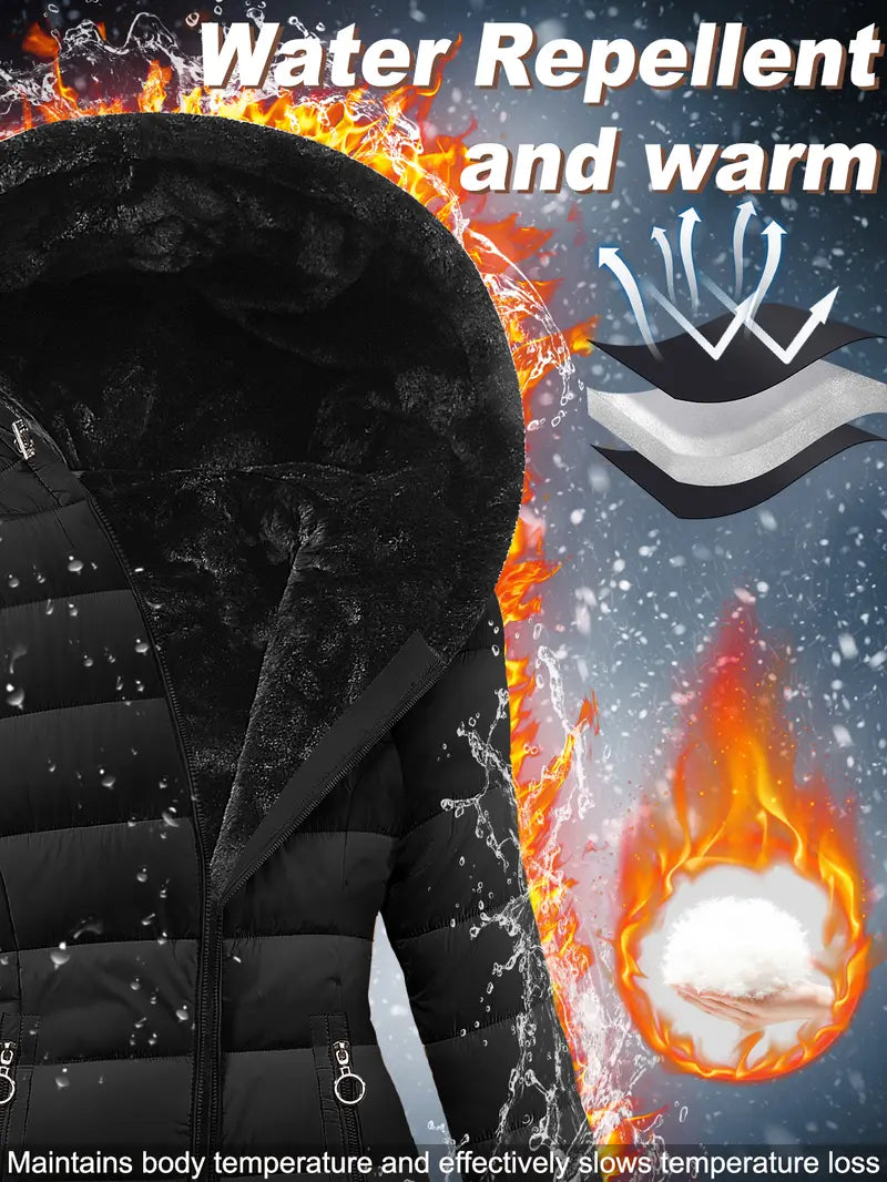Women's Winter Thick Down Jacket - Casual Winter Coat, Longsleeves, Medium Length Fleece-Lined Parka with Faux Fur Hood Outerwear Black Basic