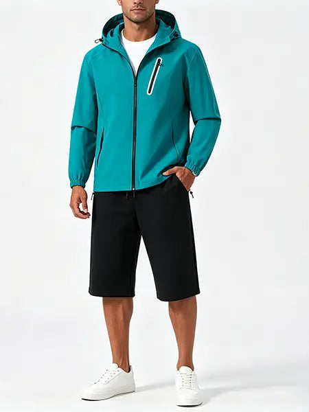 Men’s lightweight, breathable hooded jacket with zippered pockets, available in multiple colors, suitable for men’s everyday wear and as a top jacket.
