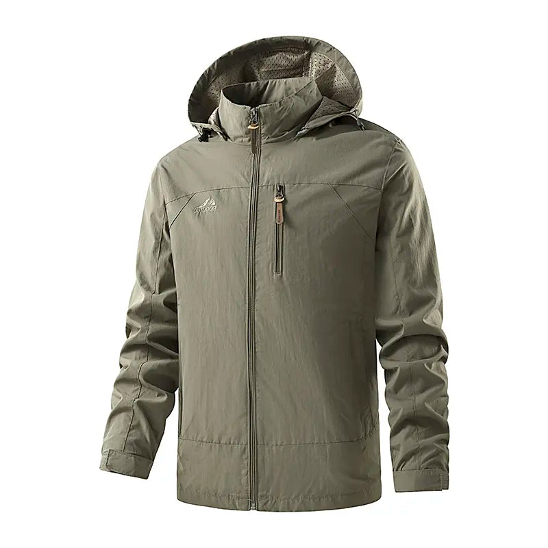 Men's Polyester Plain Full-Zip Water-Resistant Windbreaker Jacket with Hood, Lightweight Outdoor Shell Coat for Hiking, Daily Outdoor Wear