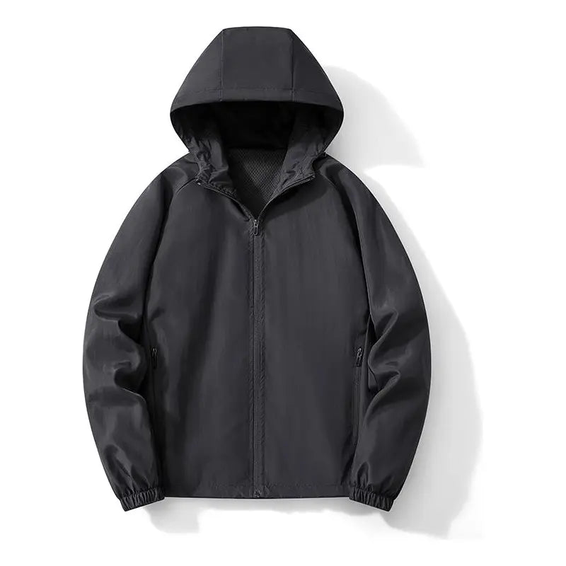 Men's Solid-Color Minimalist Full-Zip Hooded Active Jacket - Soft, Lightweight, Windproof, Breathable, Stylish, Elastic Mesh - Athlete Jackets, Casual Athletic, Black + Gray for Outdoor Hiking, Casual Wear