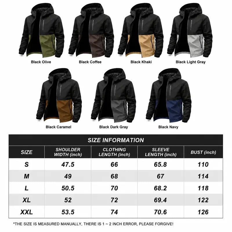 Men’s Color-Block Hooded Hardshell Coat - Tear-Resistant, Wear-Resistant Menswear with Contrast Zip, Multiple Waterproof Zippered Pockets, Adjustable Drawstring Hood, Long-Sleeve Outerwear for Autumn/Winter Mountaineering, Hiking