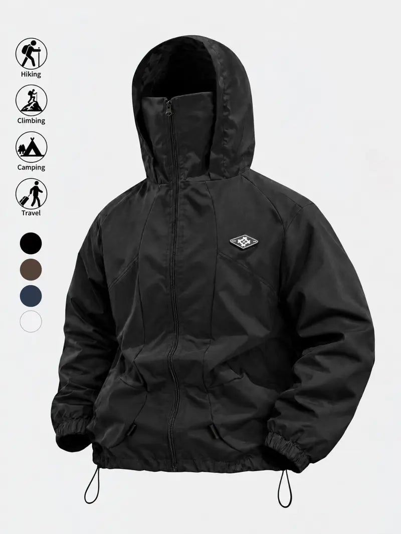 Men's Outdoor Functional Jacket, Windproof Fabric, Comfortable High Neck Hooded Design, Casual Long Sleeve, All Seasons, Durable Loose Fit