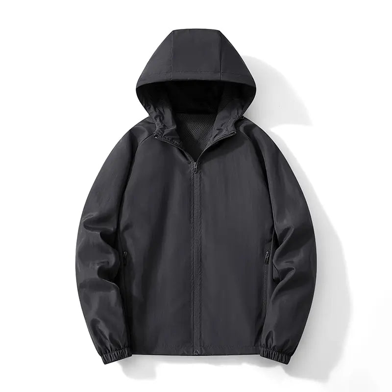 Men's Solid-Color Minimalist Full-Zip Hooded Active Jacket - Soft, Lightweight, Windproof, Breathable, Stylish, Elastic Mesh - Athlete Jackets, Casual Athletic, Black + Gray for Outdoor Hiking, Casual Wear