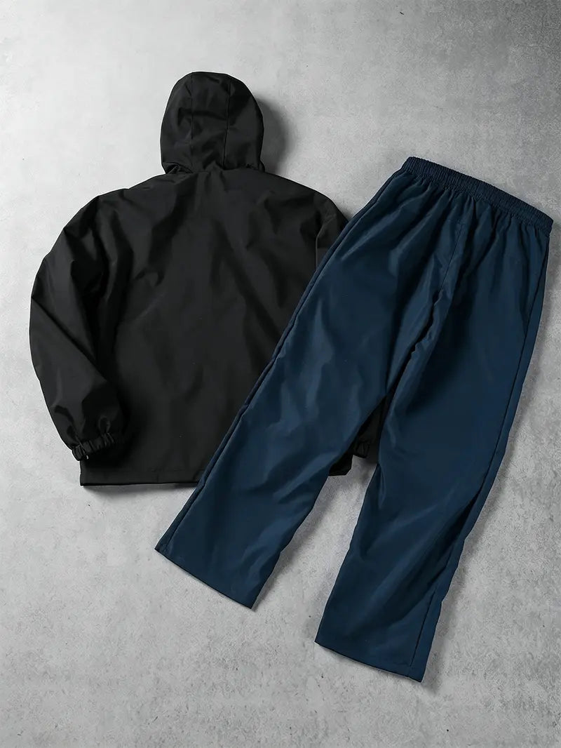 Men’s Streetwear 2-Piece Tracksuit Set, Hooded Windbreaker Jacket & Wide Leg Trousers with Contrasting Line Design, Lightweight Wind-Resistant for Urban Hangouts & Sports