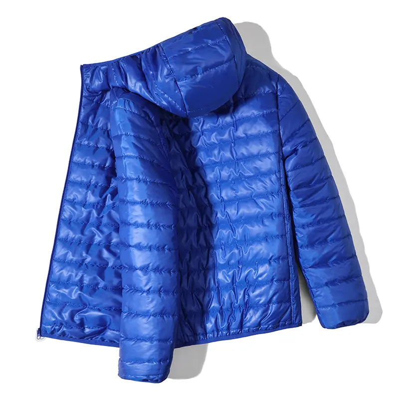 Men’s Glossy Fitted Woven Padded Lightweight Insulated Windproof Hooded Plain Coat - Autumn-Winter Casual Male Clothing for Everyday Wear, Navy Blue, Lightweight Casual Coats, Jacket