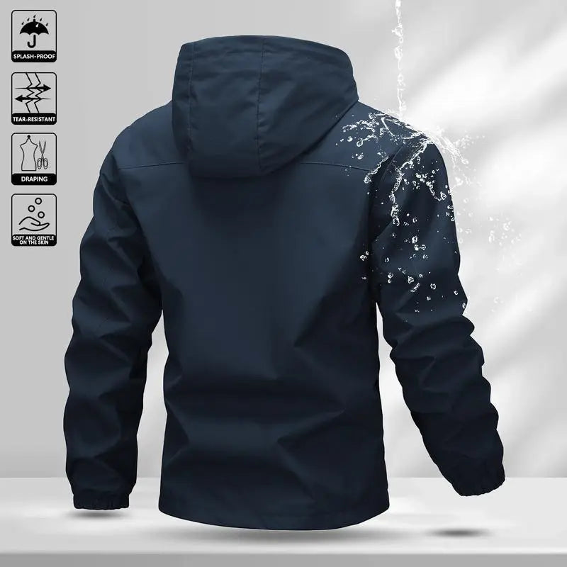 Men’s solid-color waterproof windproof hooded jacket with drawstring and zipper, casual long sleeves with zippered pockets, outdoor activity outerwear, men’s all-season clothing