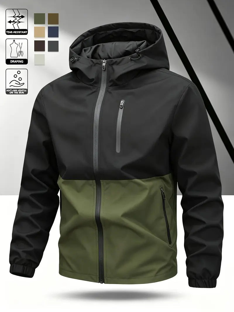 Men’s Color-Block Hooded Hardshell Coat - Tear-Resistant, Wear-Resistant Menswear with Contrast Zip, Multiple Waterproof Zippered Pockets, Adjustable Drawstring Hood, Long-Sleeve Outerwear for Autumn/Winter Mountaineering, Hiking