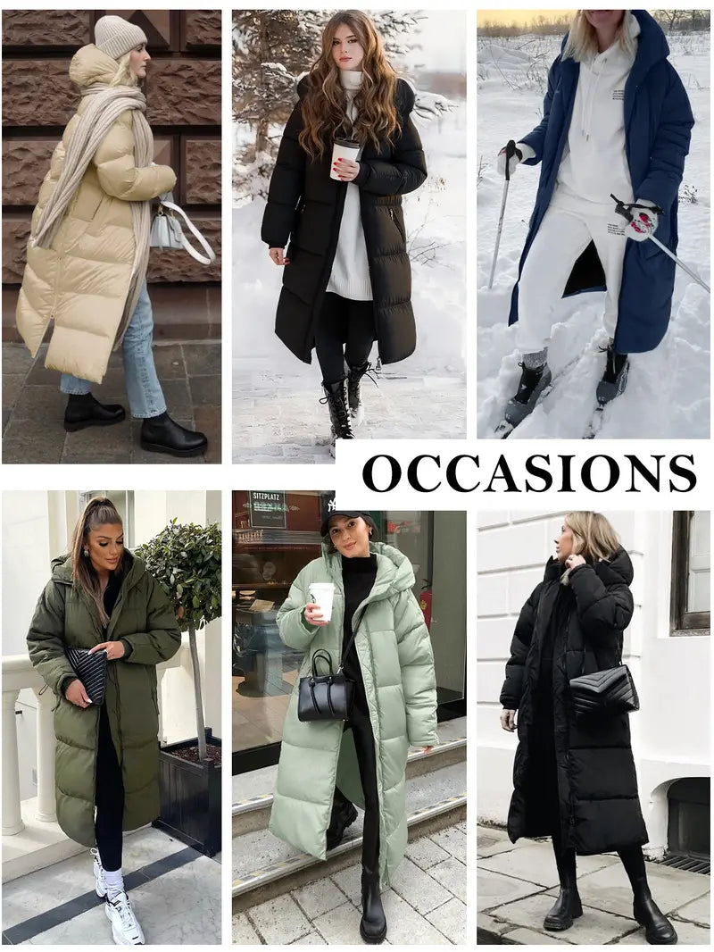 FASHORA Women Long Quilted Coat Hooded Maxi Length Long Sleeve Puffer Jacket Padded Coat Winter Outerwear Water-repellent