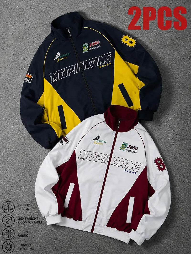 Men’s Thin Windproof Polyester Casual Racing Jacket - Lightweight, Embroidered Fashion Pattern Outerwear, Breathable Sporty Active Urban Moto Men's Jacket, Unisex All-Season Coat, Breathable Jacket