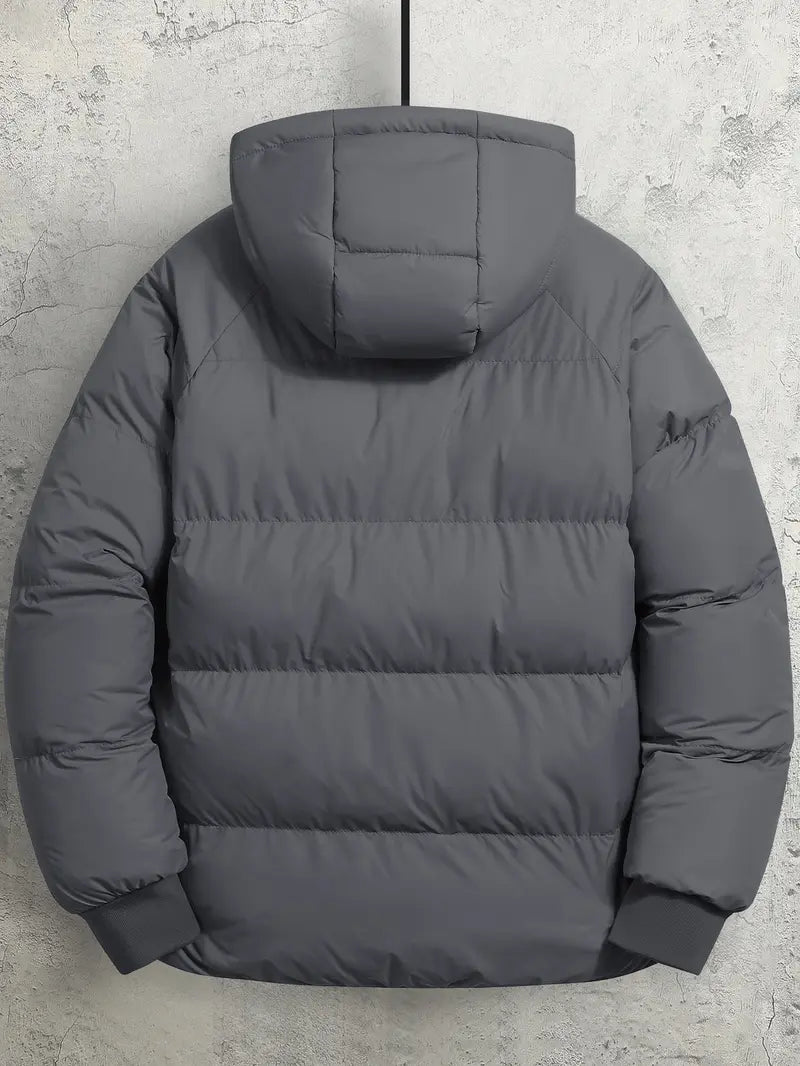 Men's Woven Cotton Hooded Puffy Jacket - Puffy Shape, Long-Sleeve, Zip-Up, Windproof, Loose Fit, Autumn Winter Warm Casual Streetwear Clothing, Fashion Streetwear Top with Pockets, M
