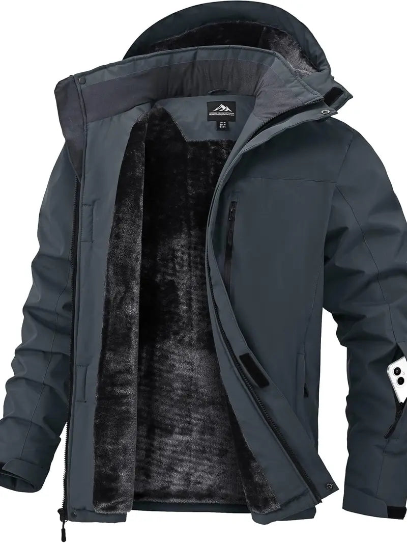 Zoofly Men's Waterproof Zip-Up Insulated Fleece Layered Ski Jacket with Hood, Polyester Shell, Outdoor Pockets, Insulated Hiking Jacket for Winter Outdoor Activities