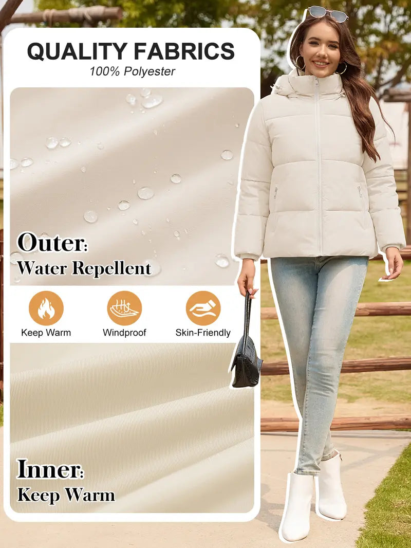 Women's Short Puffer Winter Jacket, Detachable Hood, SBS Zipper, Water Repellent 100% Polyester Fabric, Windproof Ribbed Cuffs, Secure Zip Pockets Casual Warm Outerwear for Daily Outdoor Wear