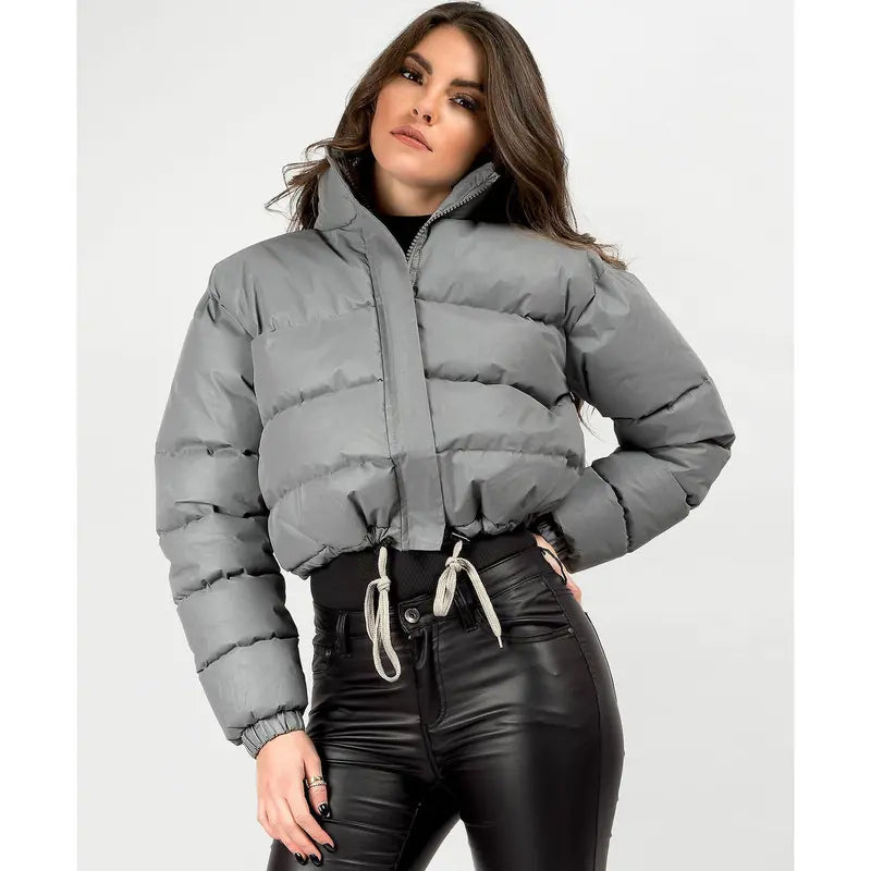 BIGWIG women's short down jacket, zipper thickened quilted short coat, drawstring winter down jacket, autumn and winter cotton jacket, windproof, waterproof and cold-proof cotton jacket, puffer jacket, fashionable zipper stand collar