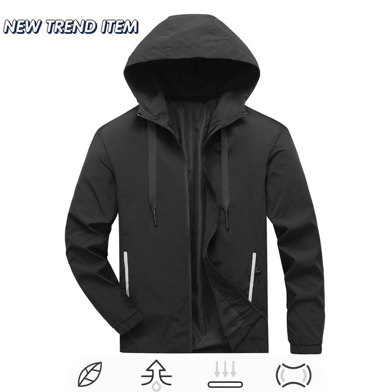 Men's Standard Lightweight Stylish Plain Polyester Hooded Windbreaker Jacket - Menswear Tops, Long Sleeve, Water-Resistant, Full-Zip, Reflective Zipper Pockets, Casual Coat for Outdoor Hiking, Daily Wear