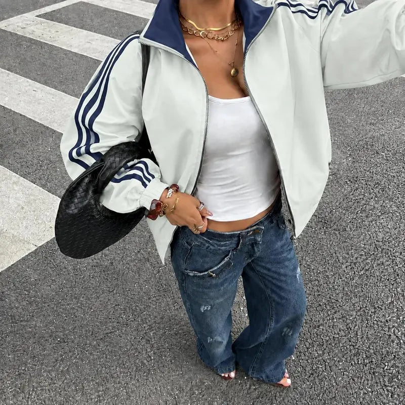 Women Reversible Zip Up Track Jacket, Striped Sleeve Stand Collar Windbreaker, Two Wear Ways Loose Drop Shoulder Outerwear, Elastic Cuffs Casual Athletic Coat, Lightweight Reversible Sport Jacket For Daily Streetwear, Shopping And Weekend Hangouts