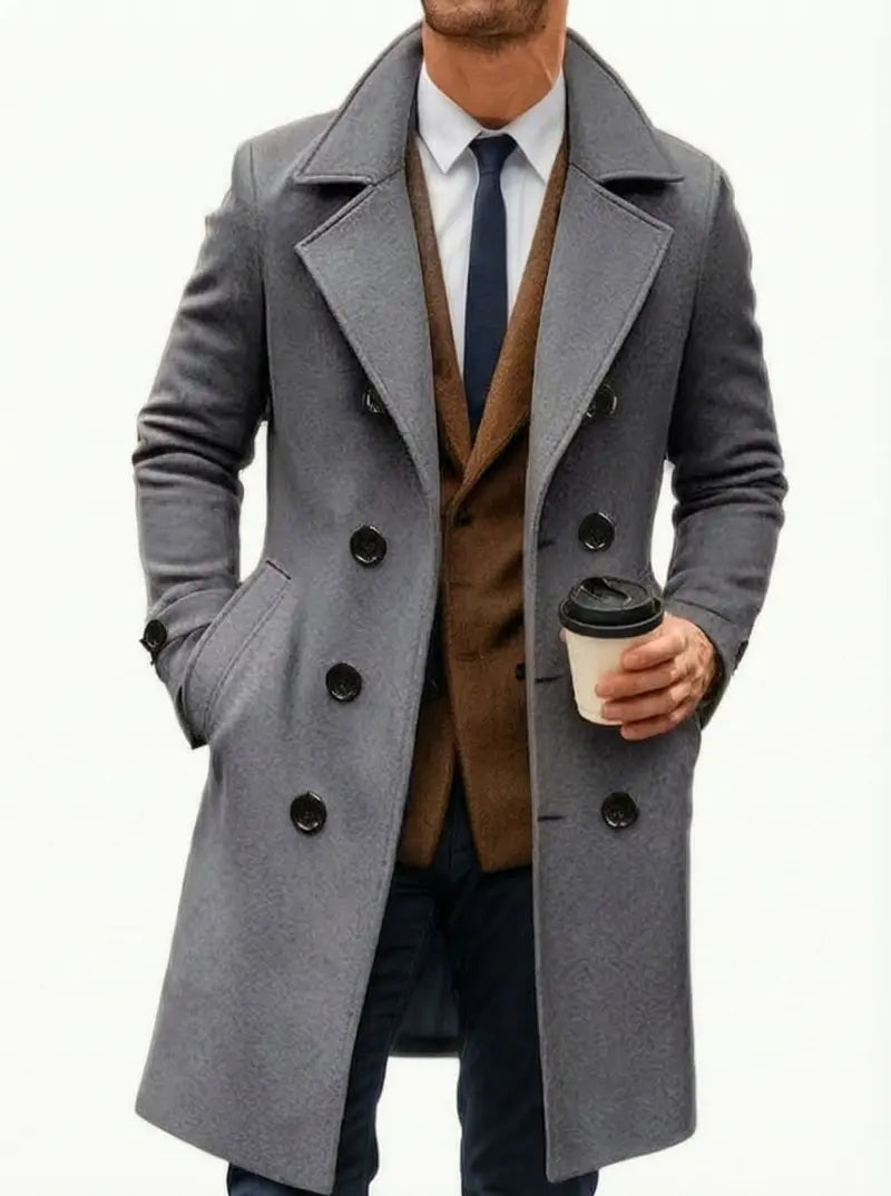 Men’s long trench coat jacket with notched lapel collar, double-breasted design, slim fit, classic mid-length overcoat