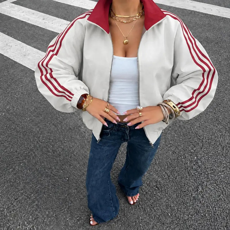 Women Reversible Zip Up Track Jacket, Striped Sleeve Stand Collar Windbreaker, Two Wear Ways Loose Drop Shoulder Outerwear, Elastic Cuffs Casual Athletic Coat, Lightweight Reversible Sport Jacket For Daily Streetwear, Shopping And Weekend Hangouts