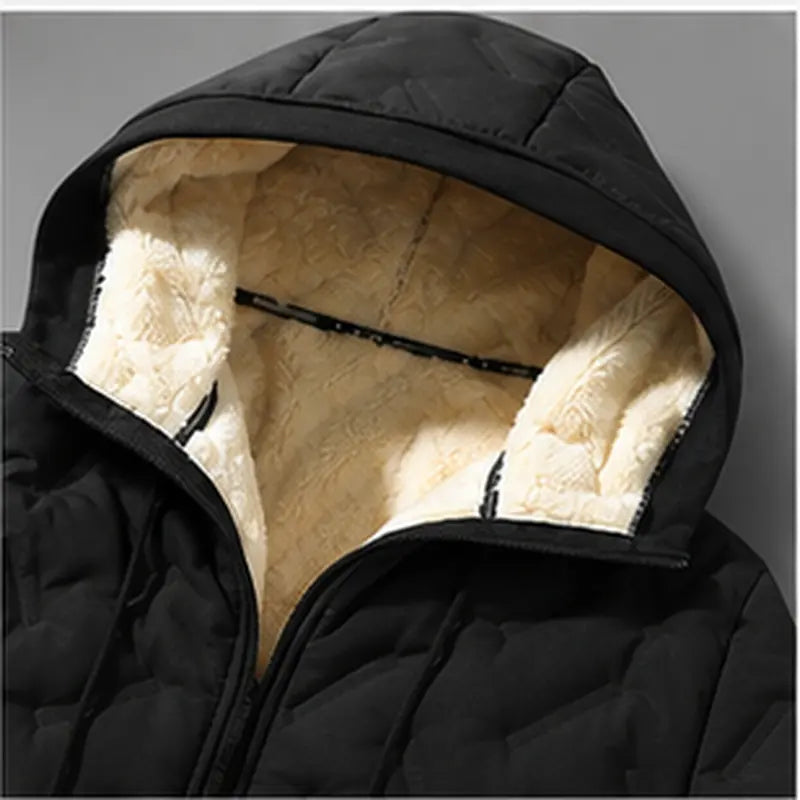 Men's Korean Casual Baggy Winter Jacket - Solid Color, Fleece-Lined Polyester, Hooded, Windproof for Outdoor Commuting, Woven, Hooded Protection, Long Sleeves Keep Arms Covered, Plain Style Keeps Outfits Clean, Windproof Coat zipper full