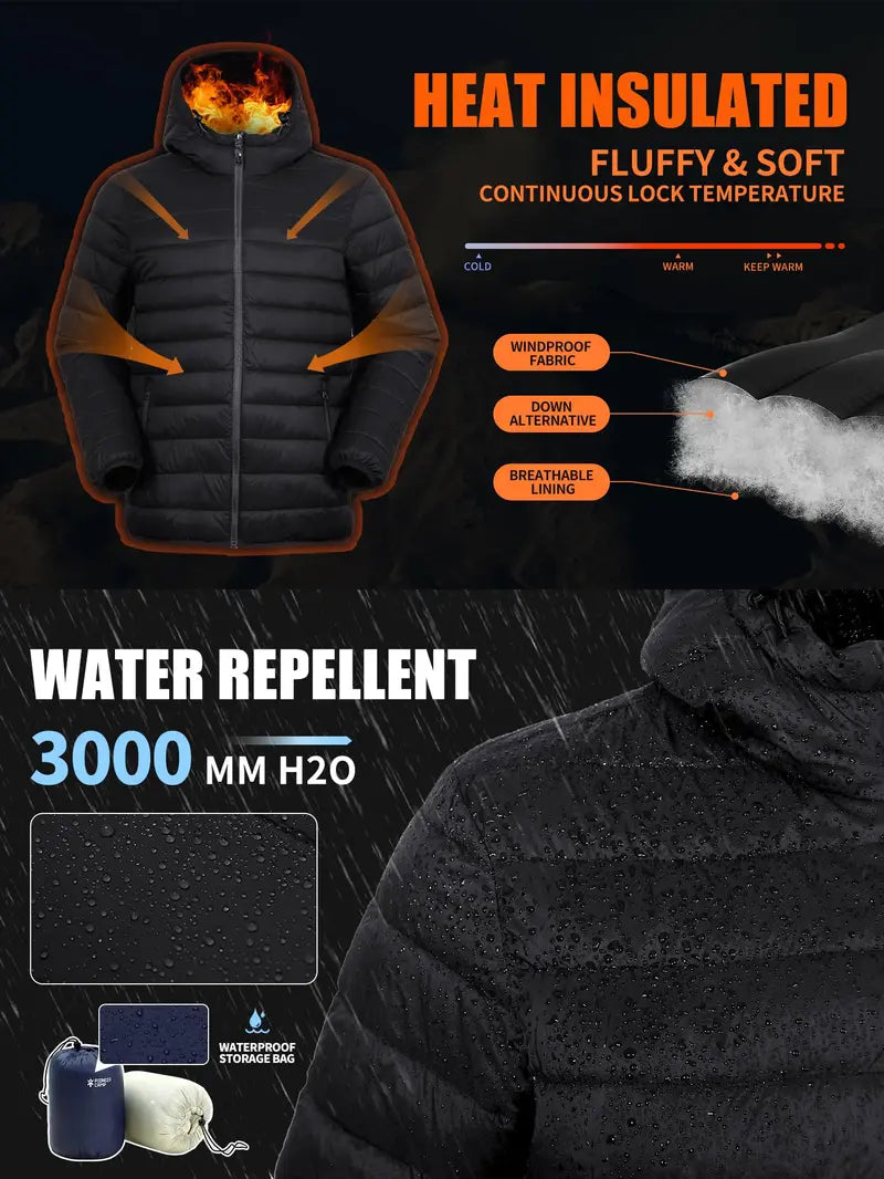 Pioneer Camp Men's Lightweight Packable Hooded Heated Puffer Jacket - Male Clothing, Windproof, Thermal Long Sleeve, Full Zip Front, 6-Pocket, Insulated, Breathable Bubble Cotton, Elastic Cuff Outerwear with Polyester Fill for Running, Travel