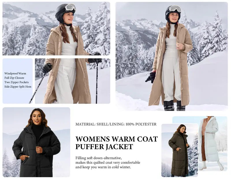 Danedvi Women's Long-Sleeve Soft Padded Quilted Hooded Neck Maxi Down Puffer Jacket - Ribbed Windproof Shell, Pocket, Zippered Closure, Chic Cold-Weather Outerwear, Holiday Gift, Fashionable Basic for Date Outings, Perfect Gift, Down Jacket