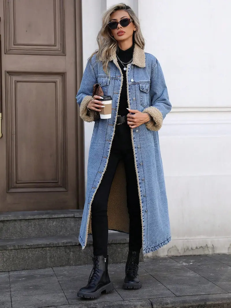 Women's Fall Winter Chic Fashion Long Cozy Denim Jacket with Long Sleeves, Elegant Lapel Single Button Fleece Lined Warm Coat, Casual Versatile Outerwear