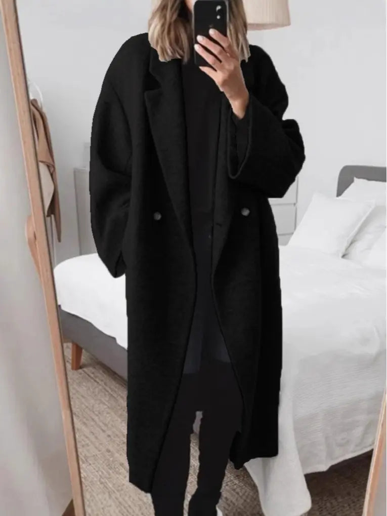 Women’s long winter trench coat with double-breasted design and turn-down collar, button closure, casual and fashionable for everyday wear