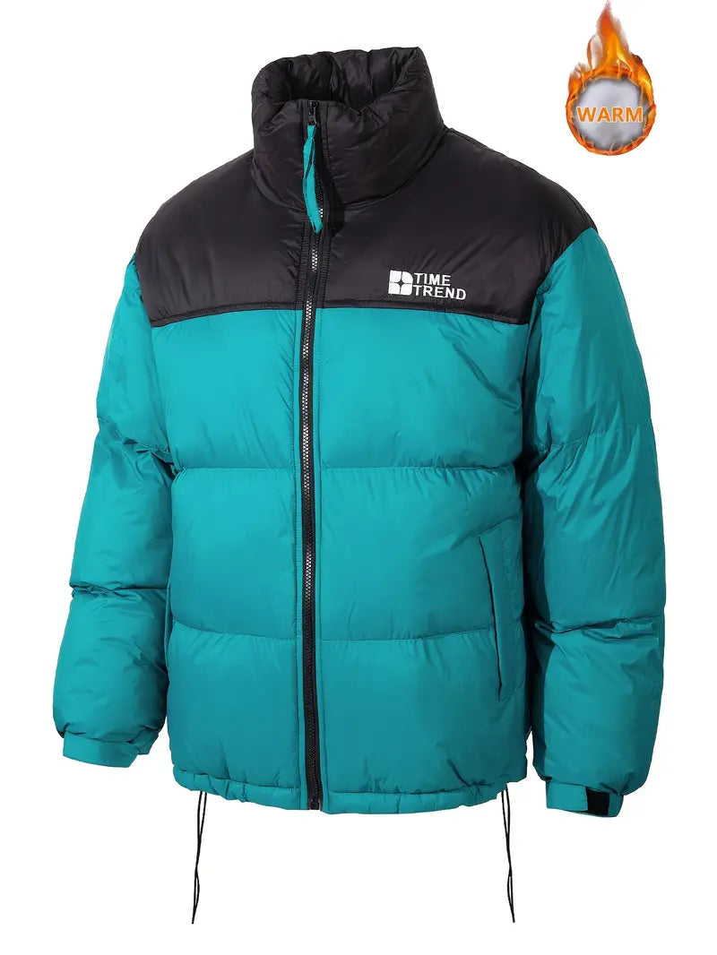 Men’s Winter Contrast‑Color Stand Collar Puffer Jacket, Windproof Warm Regular‑Fit Outer Coat, Casual Loose Outerwear for Daily Lifestyle & Outdoor Activities