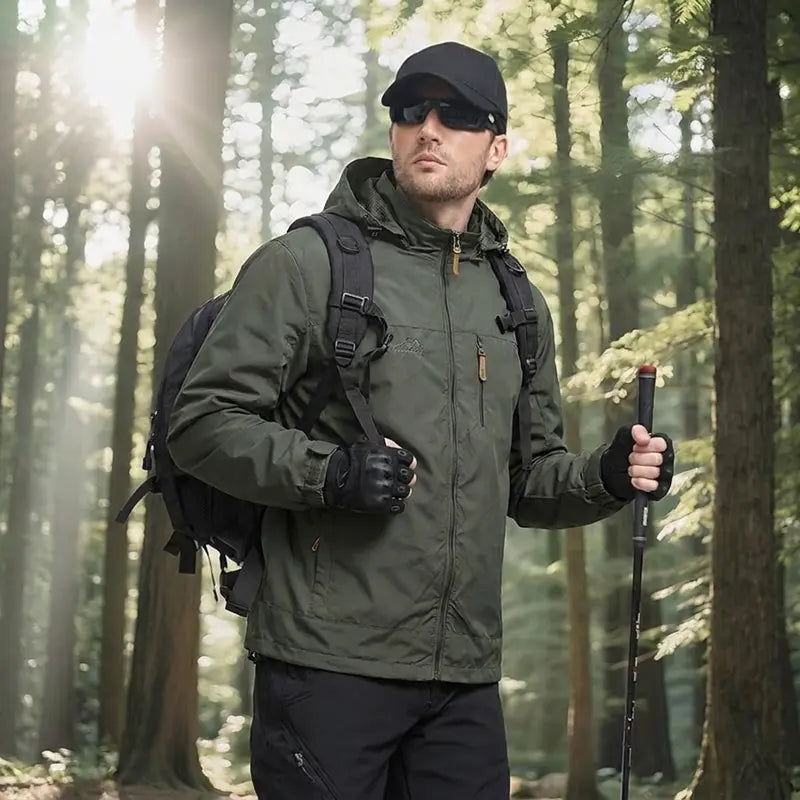 Men's Lightweight Army Green Polyamine Windbreaker Coat, Stylish Detachable Hooded Zipper Multi-Pocket Menswear for Hiking, Spring Autumn Daily Outdoor Use (Lightweight Casual Coats Included)