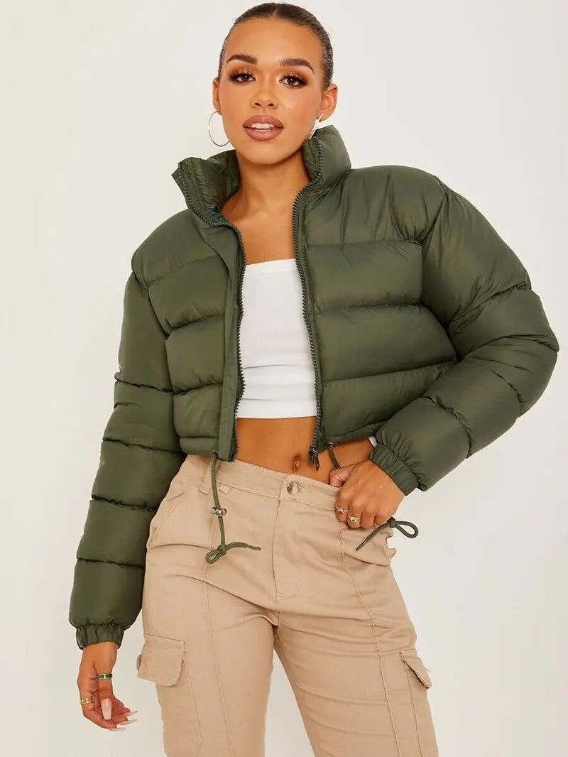 BIGWIG women's short down jacket, zipper thickened quilted short coat, drawstring winter down jacket, autumn and winter cotton jacket, windproof, waterproof and cold-proof cotton jacket, puffer jacket, fashionable zipper stand collar