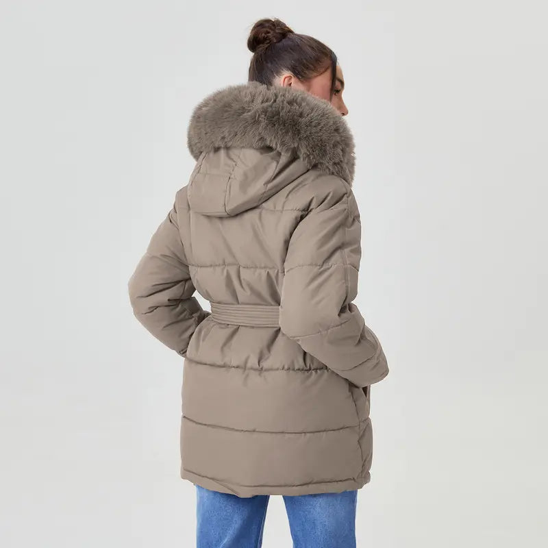 Katch Me Chic (US/CN)Women's Chic Solid Color Fluffy Hooded Zip-Up Belt Decor Cotton Coat, Cozy Outerwear Jacket for Fall & Winter, Classy Long Sleeve Womenswear