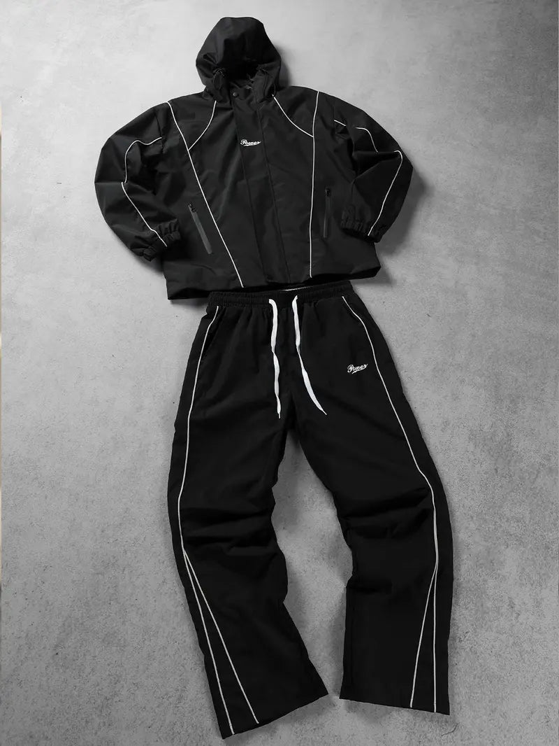 Men’s Streetwear 2-Piece Tracksuit Set, Hooded Windbreaker Jacket & Wide Leg Trousers with Contrasting Line Design, Lightweight Wind-Resistant for Urban Hangouts & Sports