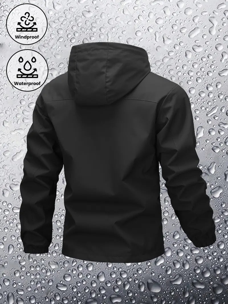 Men's Fitted Zip-Up Hooded Baseball Bomber Jacket - Plain/Stripe Print, Waterproof, Windproof, Drawstring Long Sleeves, Zipper Pocket Casual Outerwear for Outdoor Activities