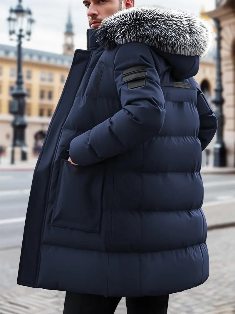 Men's Winter Heavy-duty Long Parka Coat, Thick and Warm Insulation, Detachable Faux Fur Hood Pocket with Large Pocket, Suitable for Skiing and Commuting