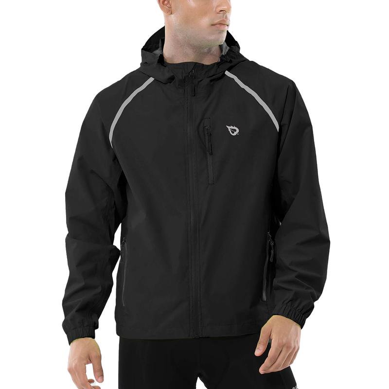 Baleaf Men's Packable Long Sleeve Synthetic Rain Jacket - Reflective, Waterproof, Wind Resistant Outerwear, Lightweight Hooded, Machine Washable Outdoor Everyday Wear for Cycling, Hiking