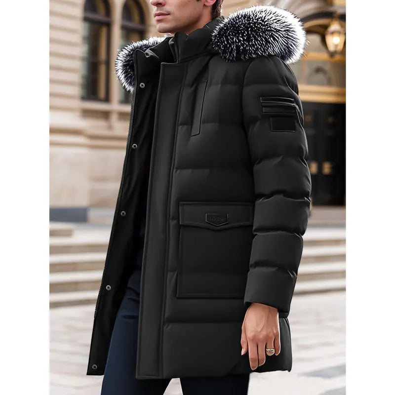 Men's Winter Heavy-duty Long Parka Coat, Thick and Warm Insulation, Detachable Faux Fur Hood Pocket with Large Pocket, Suitable for Skiing and Commuting