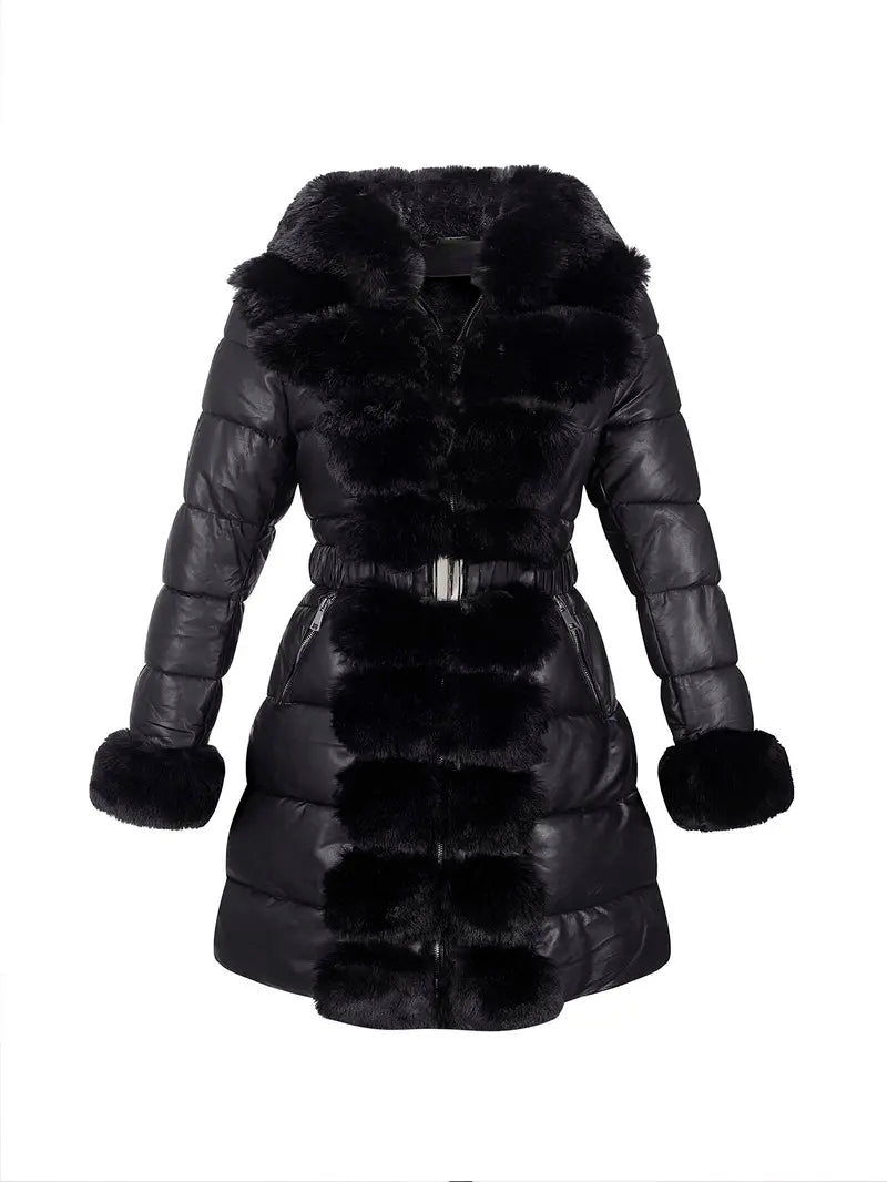 Women's Elegant Chic puffer Coat with Fleece Trim, Faux Fur & Belt, Mid-Length Fall Winter Hooded Fitted Woven Jacket, Warm Daily Wear Outerwear Tops, Womenswear