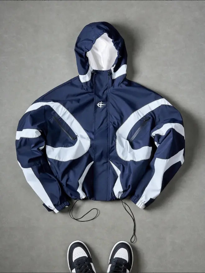 Men’s color-block hooded windproof jacket — loose street-style hoodie, lightweight casual outerwear with zippered pockets