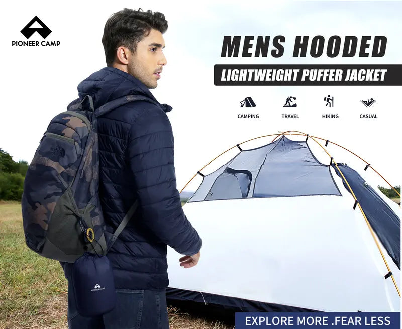 Pioneer Camp Men's Lightweight Packable Hooded Heated Puffer Jacket - Male Clothing, Windproof, Thermal Long Sleeve, Full Zip Front, 6-Pocket, Insulated, Breathable Bubble Cotton, Elastic Cuff Outerwear with Polyester Fill for Running, Travel