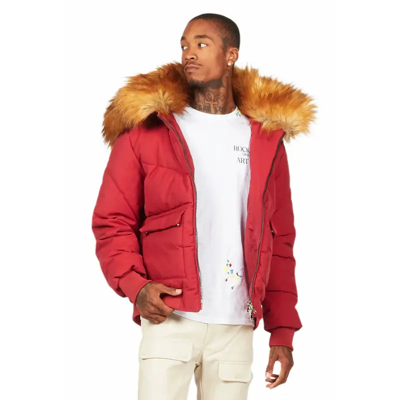 Langston Red Puffer Jacket with Fur Hood