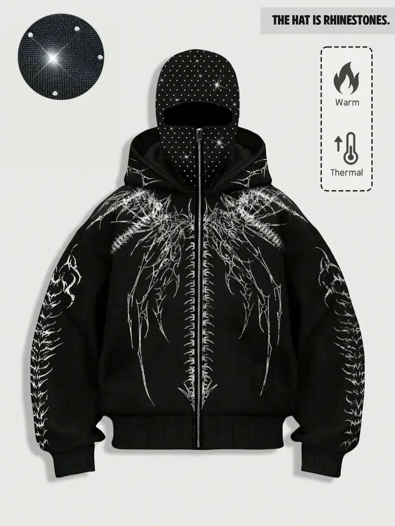 double hood rhinestone street casual loose men's zipper hoodie eye print sweatshirt, Graphic print hoodie autumn and winter fleece warm men and women brand Y2K jacket cool nightclub rock hip-hop music festival