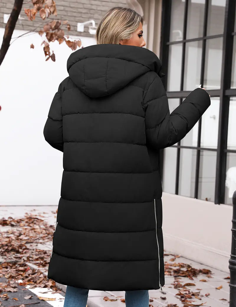 Womens Winter Long Puffer Coats Down Thicken Warm Quilted Jacket Mid-Length with Side Zipper and Hood Outerwear