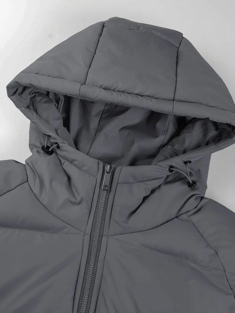 Men's Woven Cotton Hooded Puffy Jacket - Puffy Shape, Long-Sleeve, Zip-Up, Windproof, Loose Fit, Autumn Winter Warm Casual Streetwear Clothing, Fashion Streetwear Top with Pockets, M