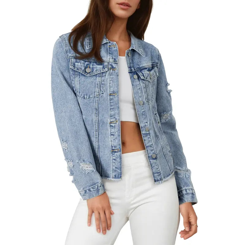 EVALESS Women's Casual Short Jean Jackets Non Stretch Distressed Ripped Boyfriend Washed Coats Lapel Long Sleeve Denim Jacket Outwear Tops 2026 Womenswear Spring Winter Outfits Deals For You Days summer outfits,back to school,back to school shoppi...