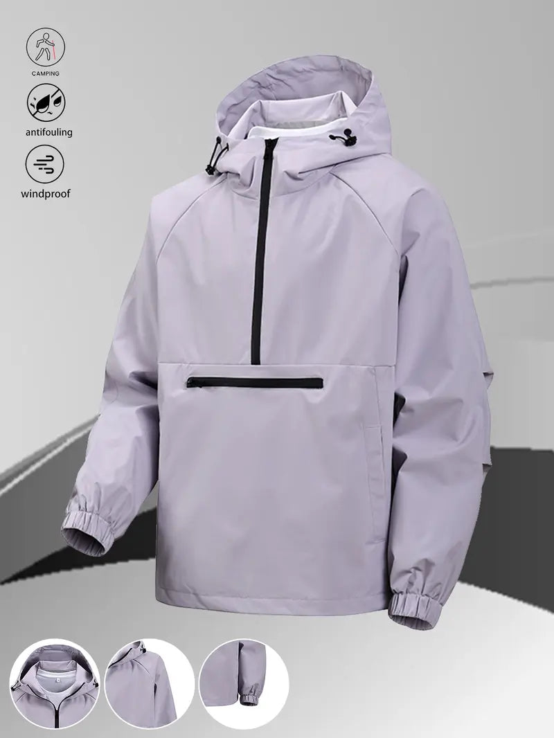 Men's Fitted Hooded Half-Zip Casual Outdoor Jacket - Black Windproof Stain-Resistant Polyester Outerwear with Large Pockets, for Hiking & Everyday Wear, Male Clothing, Hoodie