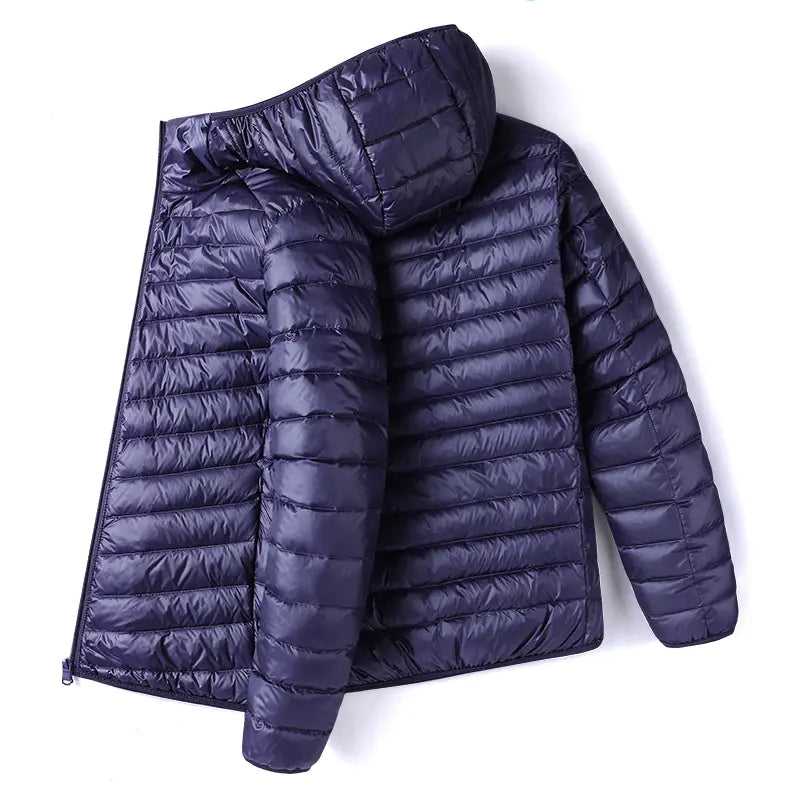 Men's Stylish Fitted Plain White Duck Down Puffer Jacket - Full-Zip, Lightweight, Windproof, Warm, Longsleeves, Male Clothing, Autumn Winter Casual Outdoor Wear, Lightweight Puffer Coat