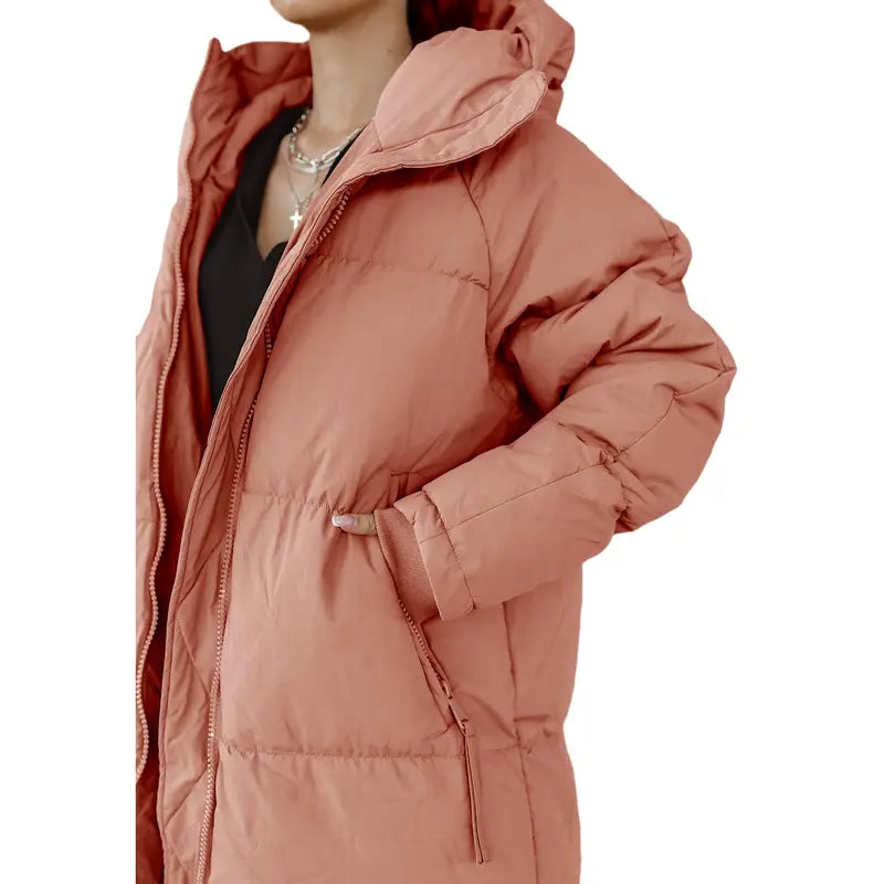 Danedvi Women's Long-Sleeve Soft Padded Quilted Hooded Neck Maxi Down Puffer Jacket - Ribbed Windproof Shell, Pocket, Zippered Closure, Chic Cold-Weather Outerwear, Holiday Gift, Fashionable Basic for Date Outings, Perfect Gift, Down Jacket