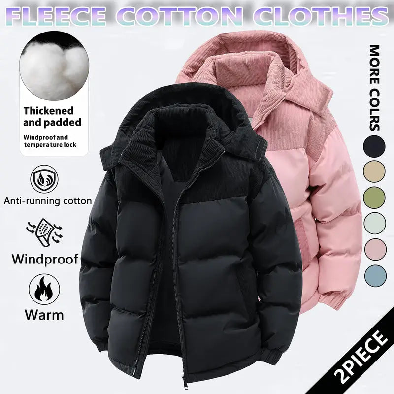 Men's Cotton Winter Coat Hooded Fleece-Lined Color-Block Jacket Casual Everyday Outerwear, Removable Hood, Windproof Padding, Thick Insulated, Anti-Running Cotton, Easy to Pair - Couples Style