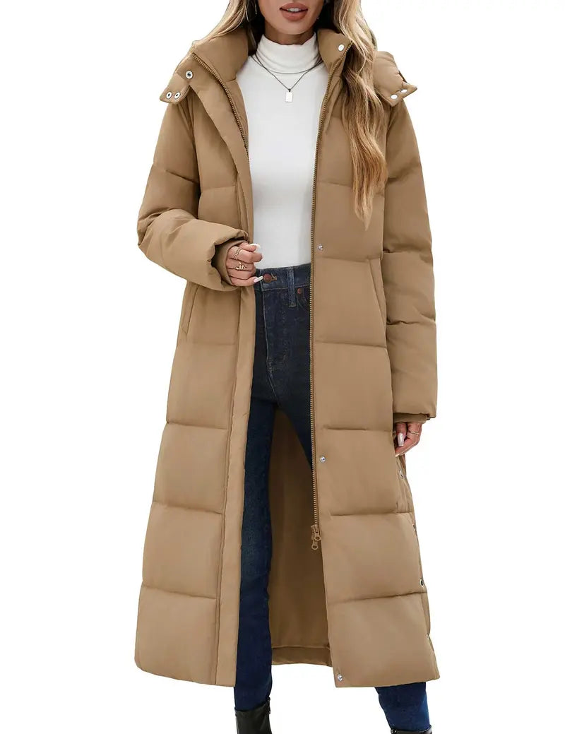 UMIPUBO Lady's Long Sleeve Calf-Length Maxi Puffer Down Coat, Winter Warm Padded Outerwear with Removable Faux Fur Hood, Full-Zip Parka Tops, Detachable Fur, Removable Hood