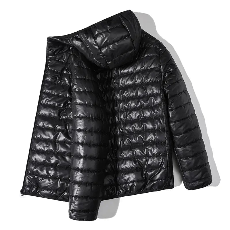 Men’s Glossy Fitted Woven Padded Lightweight Insulated Windproof Hooded Plain Coat - Autumn-Winter Casual Male Clothing for Everyday Wear, Navy Blue, Lightweight Casual Coats, Jacket